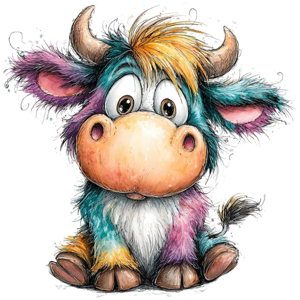 colorful, multicolor, teal, purple, pink, golden yellow, orange, cream, whimsical, cute, playful, animal, highland cow, bull, horns, children's, kids, cheerful, vibrant, quirky, fantasy, illustrated, cartoon style, nursery, baby, folk art, artistic, fun, bright colors