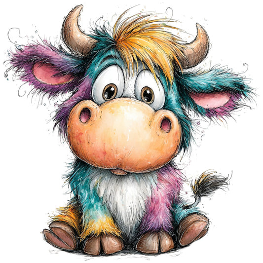colorful, multicolor, teal, purple, pink, golden yellow, orange, cream, whimsical, cute, playful, animal, highland cow, bull, horns, children's, kids, cheerful, vibrant, quirky, fantasy, illustrated, cartoon style, nursery, baby, folk art, artistic, fun, bright colors