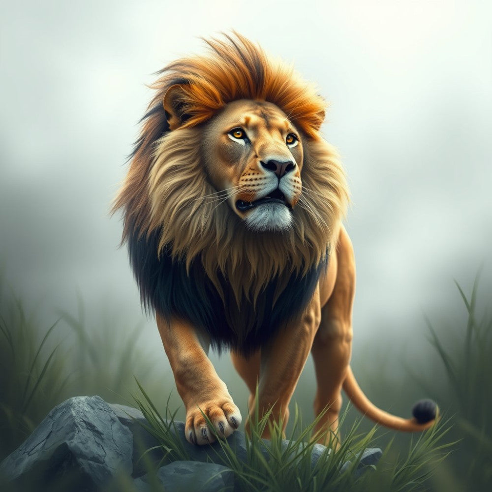 lion, wildlife, safari, big cat, golden tan, cream, beige, bronze, amber, misty gray, nature, majestic, animals, portrait, realistic, detailed, dramatic, wild cat, mane, grass, meadow, foggy landscape, serene, peaceful, rustic, elegant, adventure, african wildlife, nature lover