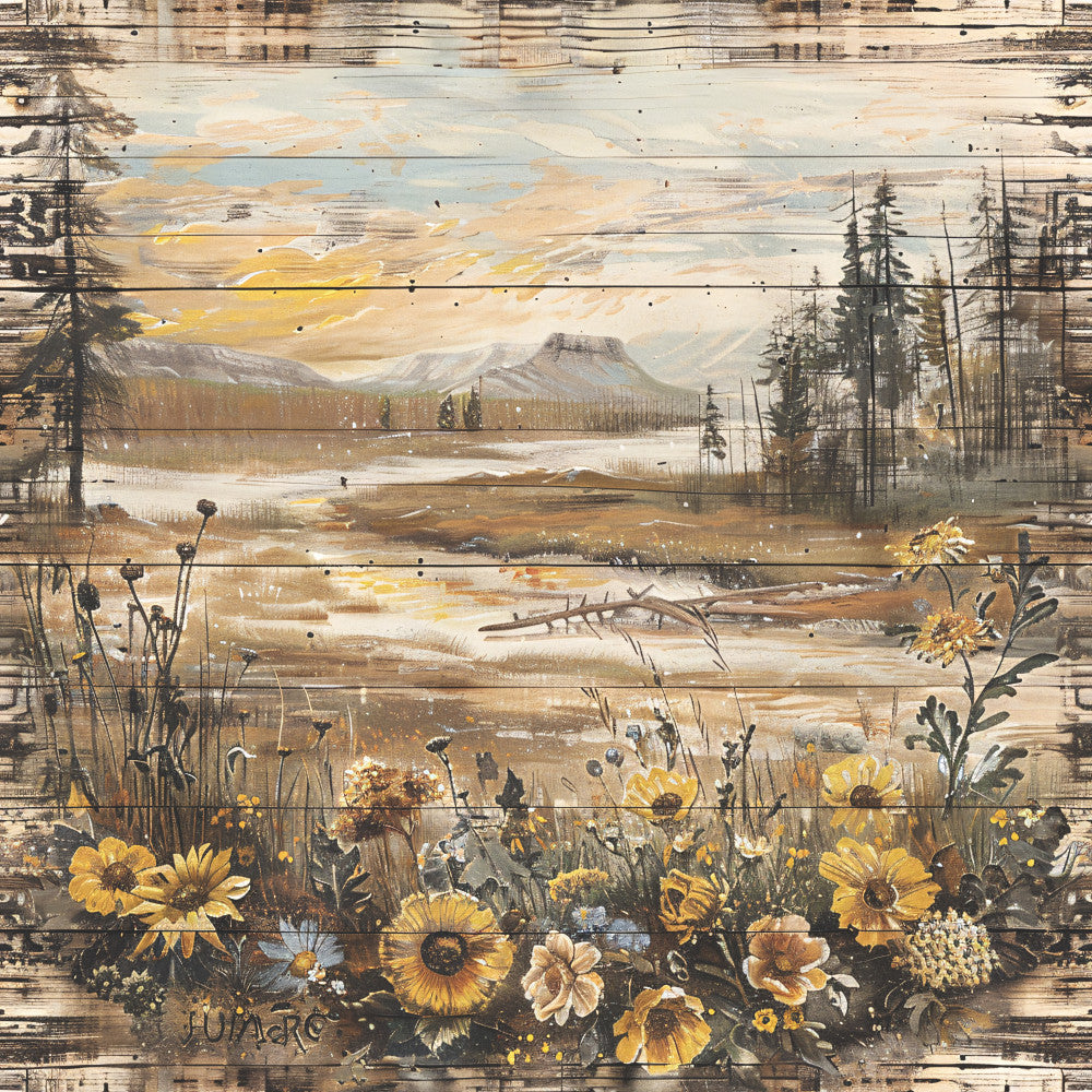 Yellowstone on Rustic Wood Fabric Panel 1