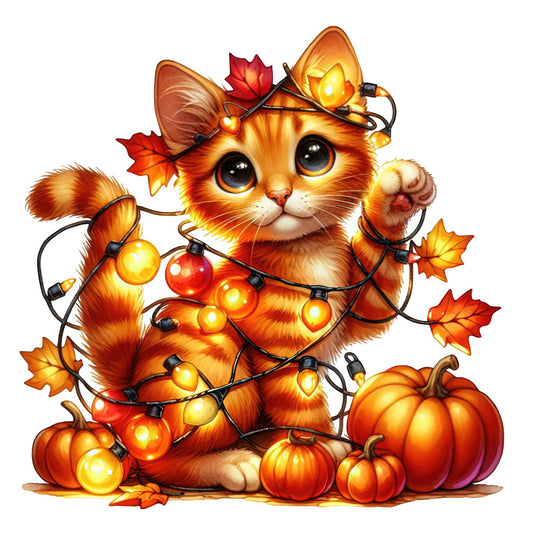 autumn cat, fall colors, orange, golden yellow, burnt orange, rust, amber, glow-in-the-dark effect, luminous, whimsical, cute animals, festive, pumpkins, fall leaves, maple leaves, string lights, illuminated, cozy, harvest theme, seasonal decor, autumn aesthetic, tabby cat, playful animals, holiday season, thanksgiving, halloween, warm tones, glowing lights, nature-inspired, folk art style