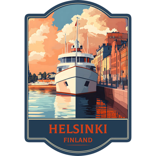 vintage travel, nautical, maritime, harbor scene, art deco, retro poster, steamship, finland, helsinki, coastal town, architecture, waterfront, orange, cream, navy blue, teal blue, rust red, warm sunset, travel theme, vintage style, vacation, cruise ship, european landscape, scenic view, transportation, classic design, elegant, mid-century modern, wanderlust, nostalgia