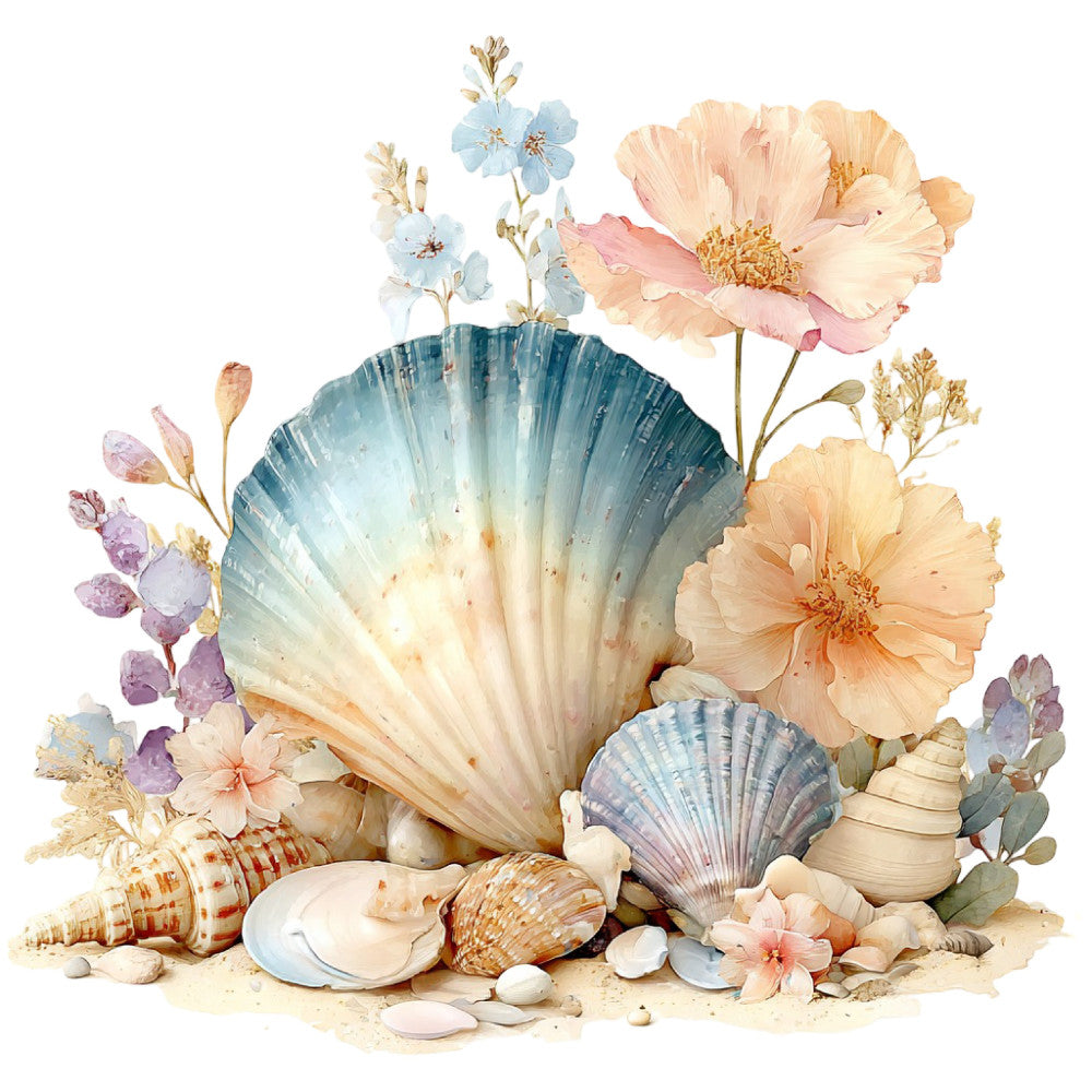 seashells, coastal, beach, nautical, ocean, pastel blue, dusty rose, blush pink, cream, soft peach, pale yellow, lavender, watercolor, floral, shells, delicate flowers, botanical, seashore, summer, spring, elegant, whimsical, romantic, vintage, coastal cottage, nature, seaweed, small florals, subtle, soft colors