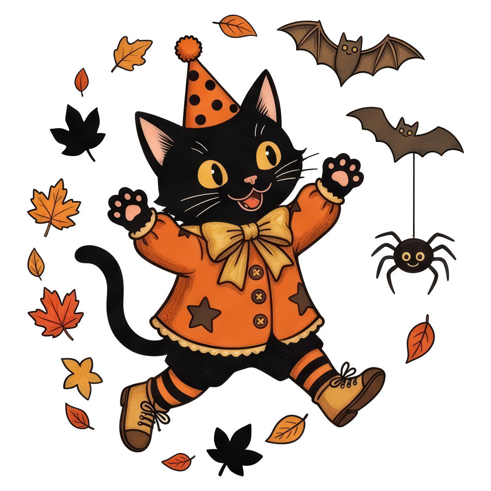 black cat, orange, gold, brown, autumn leaves, fall, halloween, whimsical, festive, cat, bats, spider, party hat, seasonal, holiday, playful, vintage style, children's, cute animals, spooky, cheerful, striped socks, bow tie, autumn colors, fall décor, trick or treat, pumpkin orange, rust, cheerful design