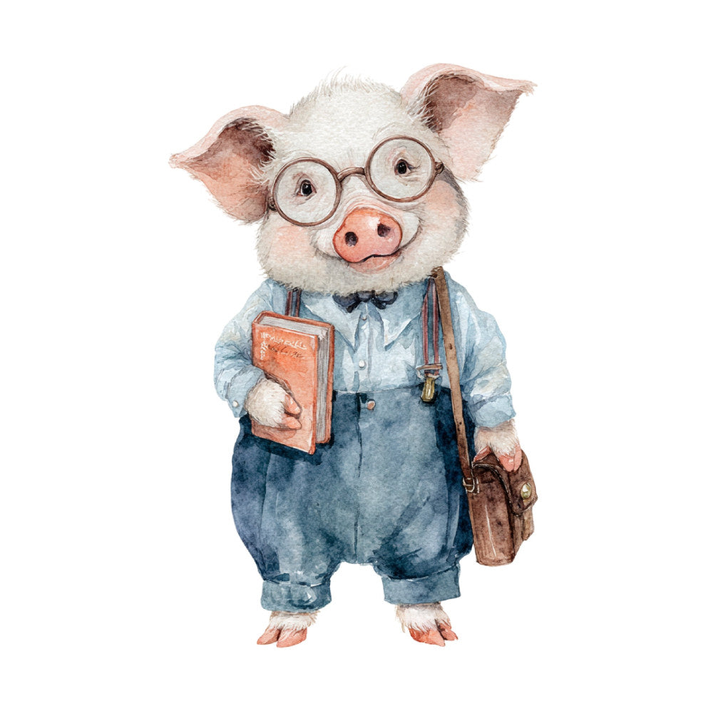 adorable pig, animal character, back to school, blue denim, bow tie, brown leather, children's, charming, classroom, cute creatures, dapper pig, educational, eyeglasses, farmyard animals, friendly, glasses, intellectual, light blue, little scholar, nostalgic, orange book, pale blue, personified animals, pink nose, scholar pig, school supplies, storybook style, sweet animal, teacher theme, vintage-inspired