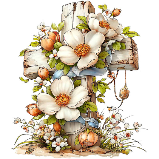 fabric panel, floral cross, rustic wooden cross, cream flowers, orange rose hips, green leaves, weathered wood, blue ribbon, religious motif, botanical design, watercolor style, quilting cotton, spring flowers, pastoral scene, cottage core, vintage inspired, soft pastels, nature elements, christian symbolism, crafting material
