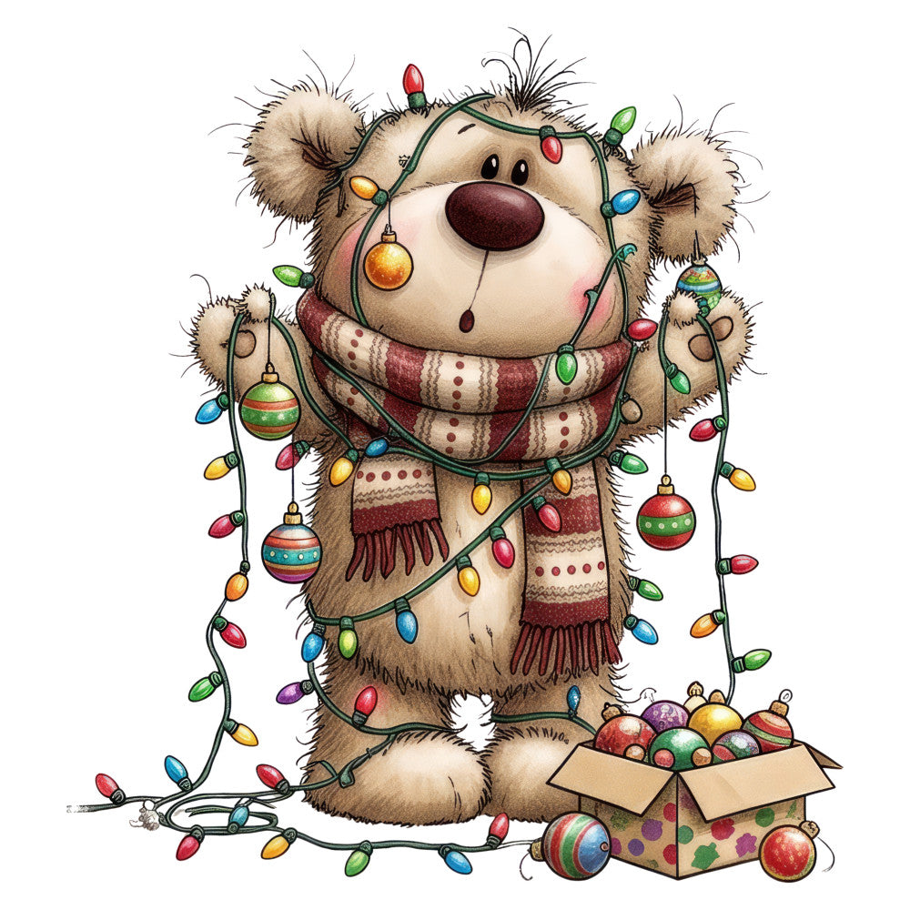 bear, christmas, holiday, festive, whimsical, cute, adorable, burgundy, cream, forest green, gold, multicolor, colorful, lights, ornaments, baubles, striped, knit pattern, scarf, cozy, winter, seasonal, children, kids, playful, charming, decorative, stuffed animal, gift