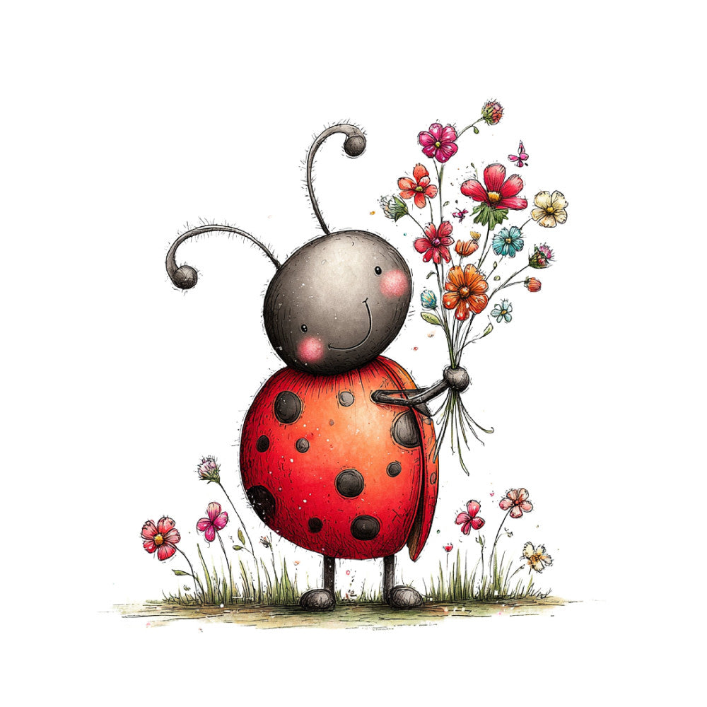 ladybug, whimsical, red, black, charcoal gray, blush pink, coral orange, cream, multicolor, floral, nature, insects, children's, nursery, springtime, garden, happy, playful, cute, adorable, bouquet, wildflowers, daisy, cosmos, whimsy, illustrated, storybook, sweet, innocent, spring flowers