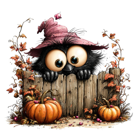 black cat, orange pumpkins, autumn, fall, halloween, pumpkin patch, rustic wood, wooden fence, dried flowers, brown branches, dusty rose pink, deep burgundy, orange, tan, cream, whimsical, playful, cute animals, cat with hat, ladybug, nature, farmhouse, harvest, seasonal, wall hanging, decorative panel, children's, folk art, illustrated, woodland