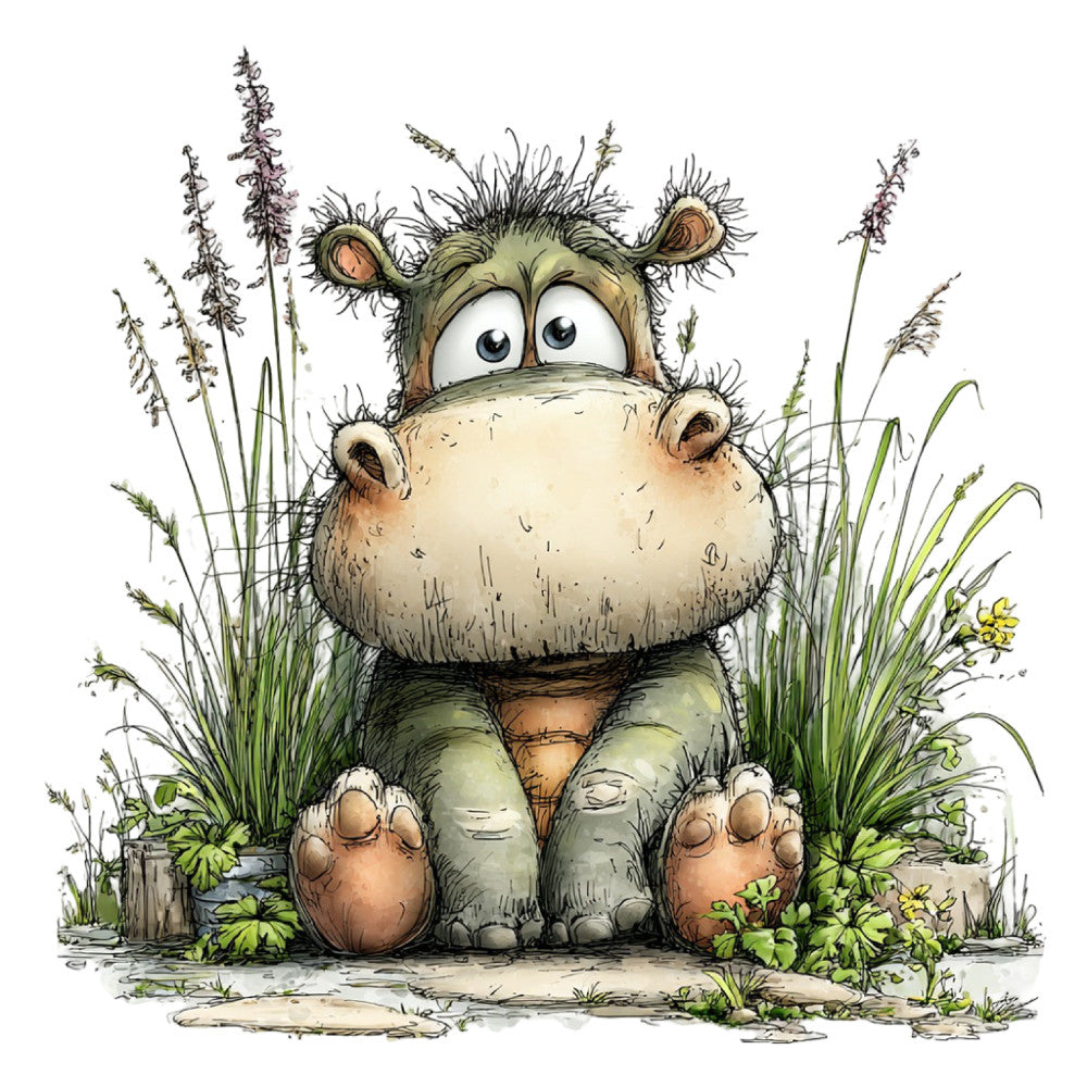hippopotamus, hippo, whimsical, children's, animals, nature, woodland, safari, cute, grass, plants, botanical, sage green, tan, beige, cream, brown, illustrated, storybook, nursery, baby, playful, friendly, charming, spring, summer, character fabric, animal portrait, decorative panel