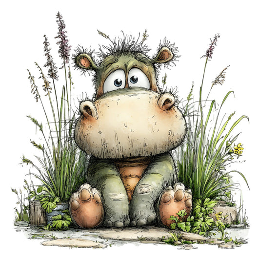 hippopotamus, hippo, whimsical, children's, animals, nature, woodland, safari, cute, grass, plants, botanical, sage green, tan, beige, cream, brown, illustrated, storybook, nursery, baby, playful, friendly, charming, spring, summer, character fabric, animal portrait, decorative panel