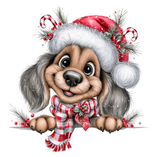 cream, red, white, gray, tan, brown, candy cane, plaid, checkered, puppy, dog, spaniel, animals, holiday, christmas, festive, winter, cute, whimsical, playful, children's, baby, festive dog, holiday animals, candy canes, holly berries, evergreen, pom pom hat, scarf, cheerful