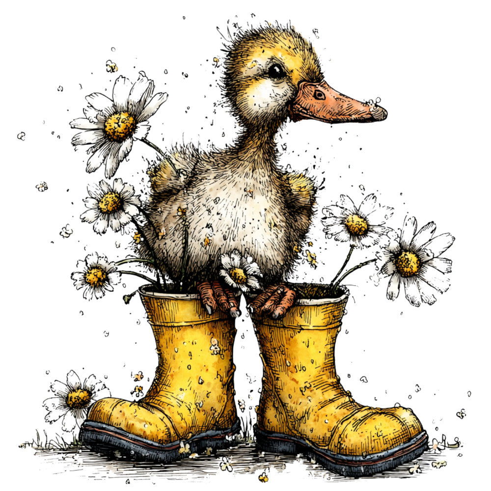 duck, daisies, yellow boots, whimsical, farmhouse, nature, animals, birds, spring, garden, cheerful, watercolor, children's, cute, cottage core, rustic, floral, cream, golden yellow, black accents, terra cotta, illustrated, storybook, playful, countryside, pastoral, puddle jumping, rain boots, folk art, vintage style