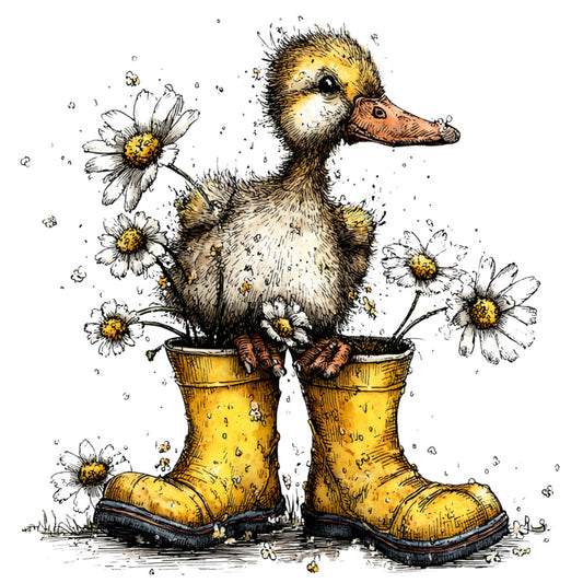 duck, daisies, yellow boots, whimsical, farmhouse, nature, animals, birds, spring, garden, cheerful, watercolor, children's, cute, cottage core, rustic, floral, cream, golden yellow, black accents, terra cotta, illustrated, storybook, playful, countryside, pastoral, puddle jumping, rain boots, folk art, vintage style
