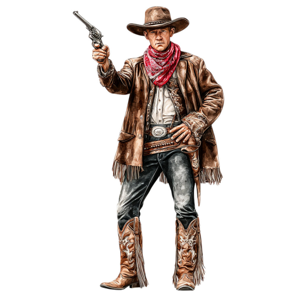 western cowboy, vintage western, old west, brown leather, tan brown, rust red, burgundy red, cowboy hat, revolver gun, boots, fringe, country, rustic, traditional, retro, Americana, wild west, outlaw, gunslinger, portrait, masculine, adventure, western wear, leather jacket, bandana, decorative panel, wall hanging, home decor, nostalgic, heritage
