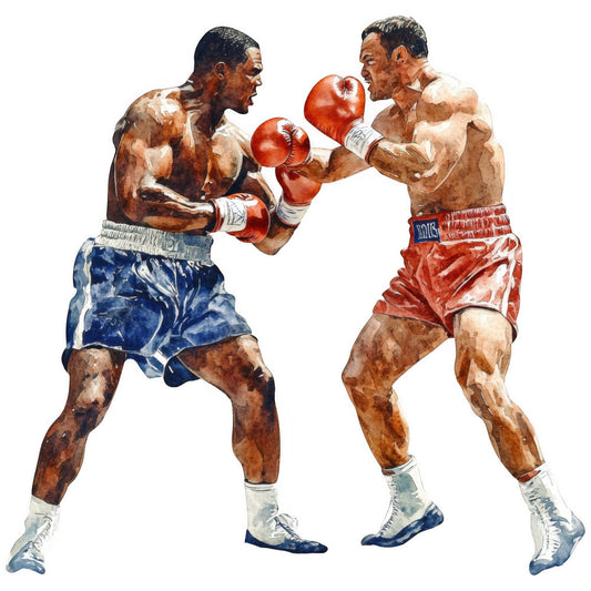 boxing, sports, vintage boxing, retro sports, athletic wear, masculine, action, competition, two fighters, red boxing gloves, navy blue shorts, red shorts, cream white, tan skin tones, watercolor art, realistic illustration, sports history, gym decor, wall art, men's apparel, knockout, pugilism, fight night, champion, belt, training, workout, sports fan, collectible