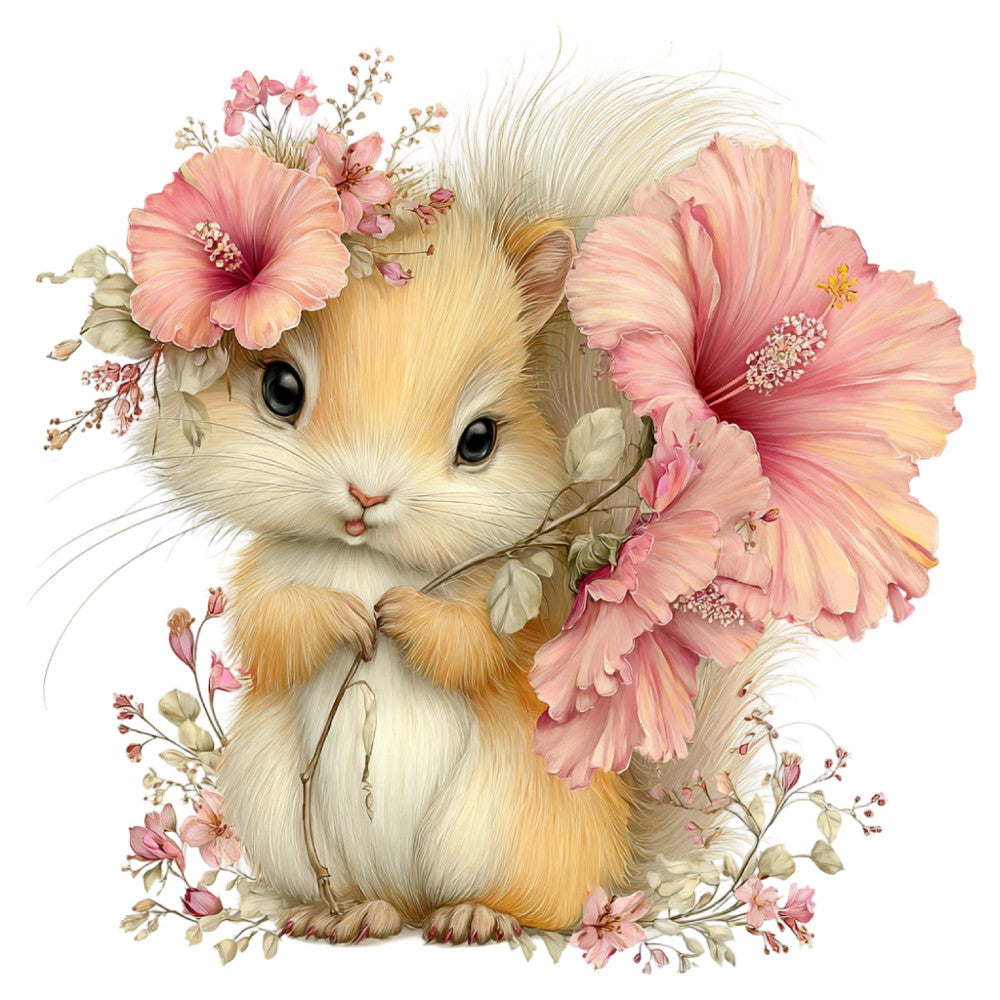 cute hamster, pink hibiscus, floral animal, cream colored, soft pink, coral pink, golden yellow, pastel colors, whimsical, adorable, woodland creature, spring flowers, summer garden, nature theme, botanical, delicate flowers, baby quilt, nursery fabric, children's fabric, girl's room, vintage botanical, romantic style, cottage core, sweet design, furry animal, flower arrangement, gerbera daisy, small animal, gentle aesthetic, romantic floral