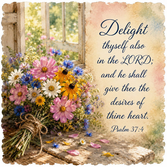 floral, wildflower, vintage, cottage core, rustic, spring, summer, pastoral, garden, inspirational, scripture, religious, faith, pink, blue, yellow, white, cream, gold, multi-color, daisy, cornflower, bible verse, psalm, window, cottage, farmhouse, elegant, botanical, nature