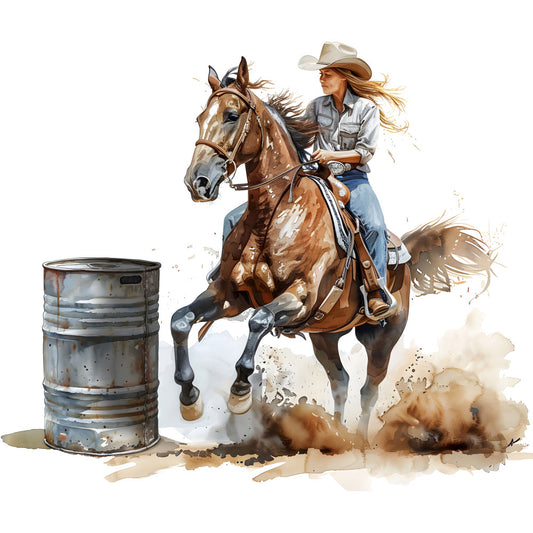 cowgirl, barrel racing, western, rodeo, horse, equestrian, rustic, vintage, farmhouse, tan, brown, cream, beige, dust, action, sport, denim, plaid shirt, cowboy hat, americana, country, wild west, watercolor, splash effect, dynamic, adventure, western wear