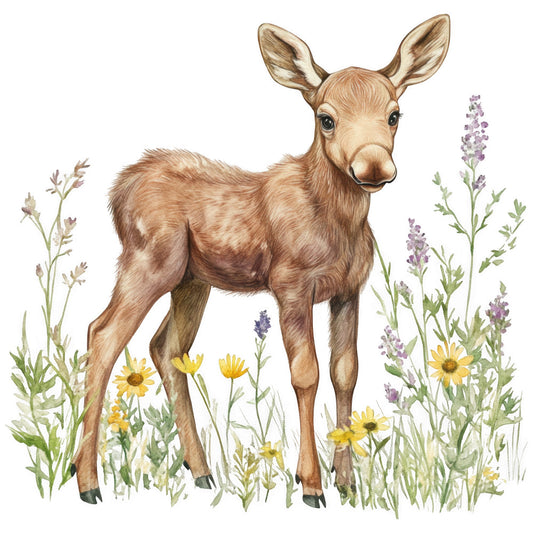 moose calf, baby moose, brown fur, tan colors, wildflowers, purple lavender, yellow daisies, green foliage, watercolor style, wildlife scene, forest animals, nature illustration, fabric panel, quilting cotton, gentle artwork, meadow flowers, soft pastels, woodland creature, botanical elements, serene mood