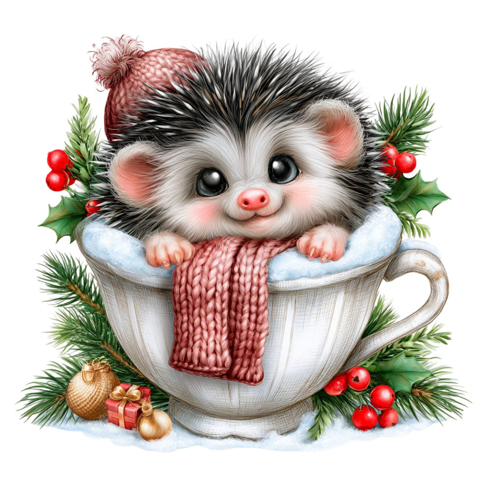 cute hedgehog, holiday, christmas, winter, festive, animals, whimsical, adorable, teacup, cozy, warm, red knit hat, dusty rose, cream white, forest green, red berries, holly leaves, ornaments, gold accents, charming, playful, storybook, children's, baby, nursery, decorative, magical, seasonal, cold weather, gift giving