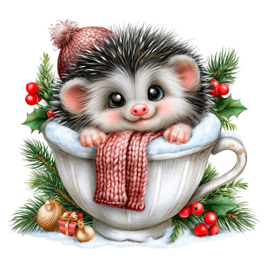 cute hedgehog, holiday, christmas, winter, festive, animals, whimsical, adorable, teacup, cozy, warm, red knit hat, dusty rose, cream white, forest green, red berries, holly leaves, ornaments, gold accents, charming, playful, storybook, children's, baby, nursery, decorative, magical, seasonal, cold weather, gift giving