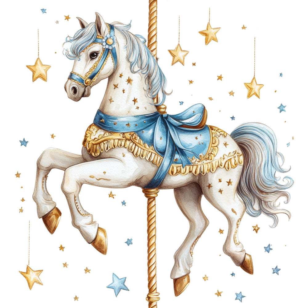 carousel horse, cream white, gold accents, blue details, stars, whimsical, celestial, magical, vintage, elegant, nostalgic, merry-go-round, children's fabric, nursery, baby quilt, dreamy, enchanted, sky blue, golden yellow, horse motif, decorative, traditional, storybook, fairytale, playful, soft colors, pastel blue, metallic gold, hanging stars, wall hanging