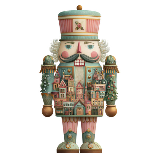 nutcracker, holiday, christmas, festive, whimsical, vintage, traditional, teal, rose pink, coral pink, cream, gold, forest green, sage green, soldier, toy soldier, gingerbread houses, winter village, architectural, buildings, decorative, elegant, nostalgic, european, victorian, children's, fairy tale, storybook, dimensional, embellished