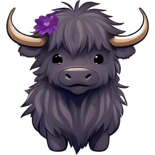 charcoal gray, purple flower, bronze horns, highland cattle, cute animals, whimsical, farmhouse, highland cow, woolly beast, shaggy hair, big eyes, kawaii style, animal lovers, farm theme, rustic charm, purple accent, playful design, children's fabric, nursery decor, countryside, gentle creatures, decorative panel, folk art, illustration style, quirky animals, nature inspired, pastoral, dark gray, horned animals