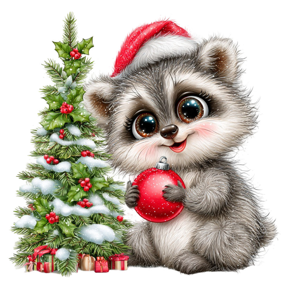 christmas, holiday, festive, kitten, cat, fluffy, cute animals, whimsical, playful, red, white, gray, silver, forest green, holly, berries, snow, winter, santa hat, christmas ornament, baubles, gifts, presents, traditional, cheerful, family friendly, children's, seasonal decor, christmas tree
