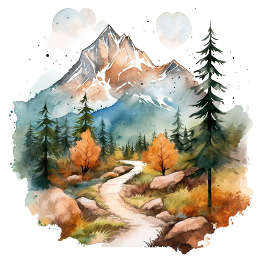 mountain landscape, watercolor, forest green, burnt orange, cream, sage green, snow-capped peaks, evergreen trees, autumn trees, rocky stream, nature scene, scenic vista, rustic, whimsical, peaceful, cabin core, hiking trail, wilderness, outdoor adventure, fall foliage, coniferous forest, alpine scenery, misty mountains, cloudy sky, abstract watercolor, artistic, landscape painting, nature lover, wall hanging, home decor