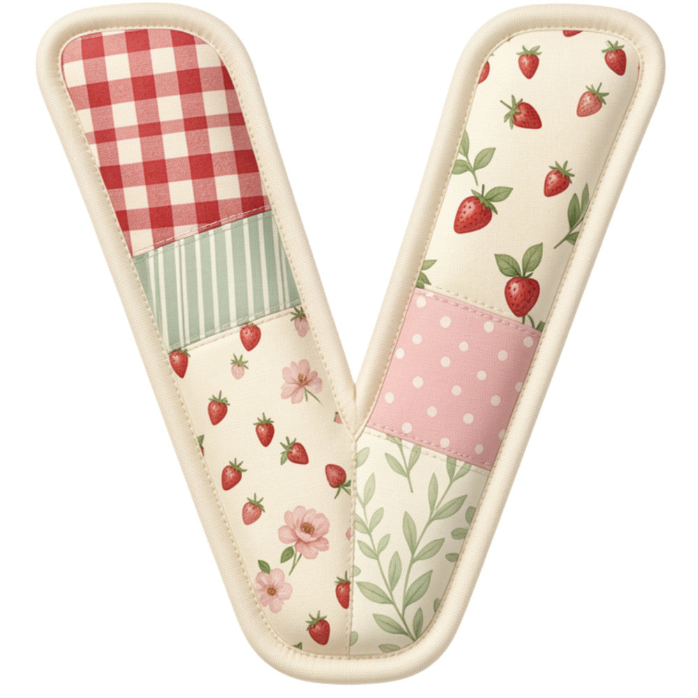 red and cream, strawberry, gingham, check pattern, striped, floral, farmhouse, vintage, cottage core, spring, summer, country, pastoral, berries, flowers, botanical, leafy, pink polka dot, cream background, red gingham, green stripes, pink flowers, rustic, traditional, quilt panel, letter v, decorative, patchwork, picnic, garden theme