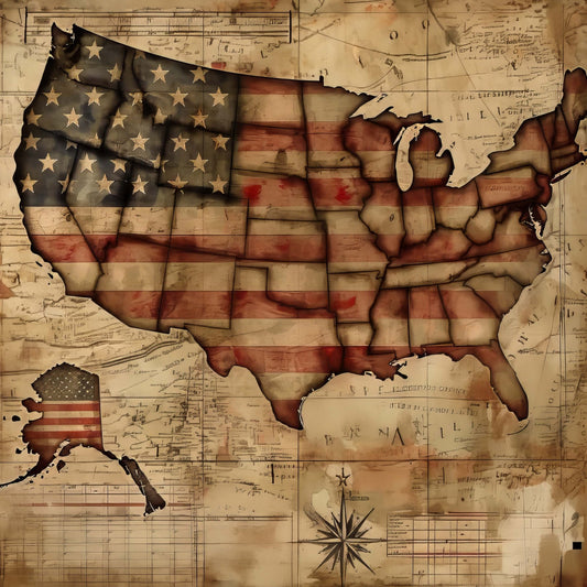 vintage americana, patriotic, american flag, united states map, antique, aged parchment, cream, tan, beige, rust red, deep red, stars, stripes, historical, rustic, traditional, americana theme, map fabric, colonial, heritage, weathered, distressed, vintage map, patriotic decor, wall hanging, home decor, americana quilt
