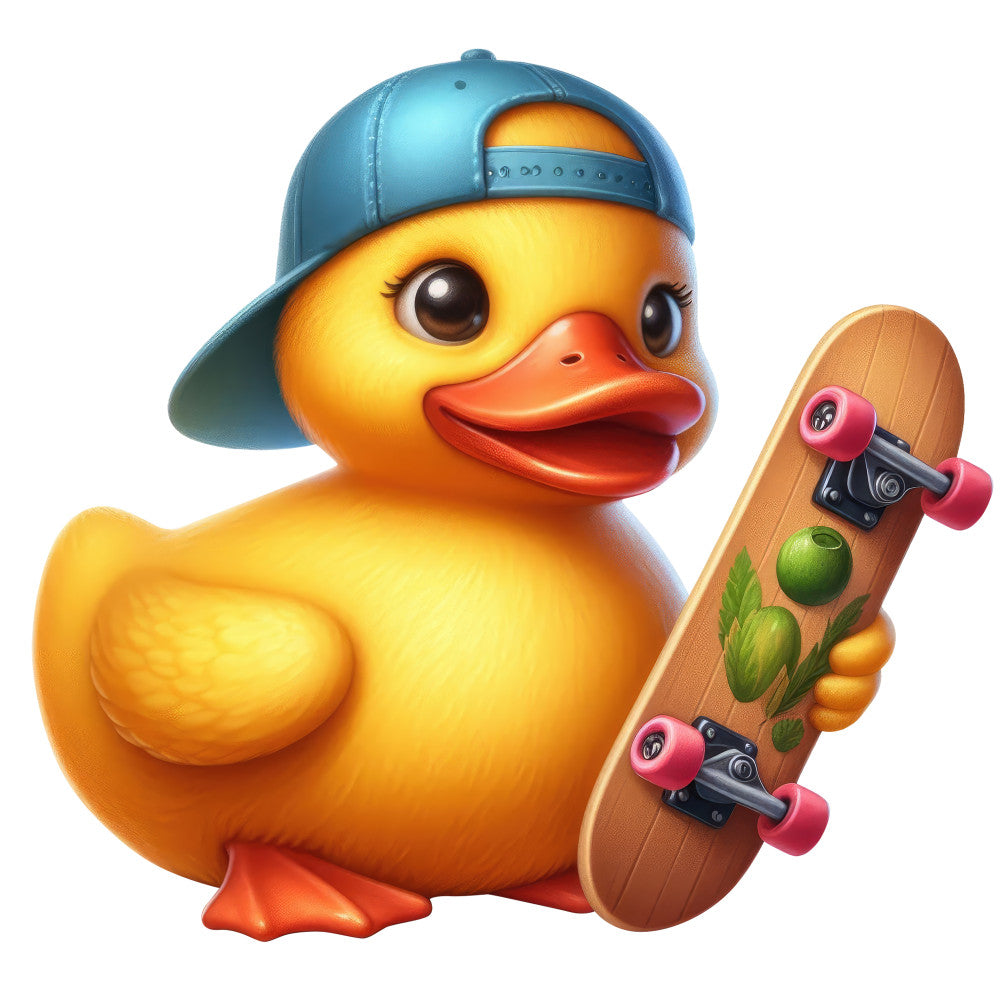 bright yellow, orange, blue, red, pink, skateboard, duck, duckling, animal, whimsical, cute, playful, modern, contemporary, youth, kids, fun, sports, streetwear, casual, cool, rebellious, nature, summer, spring, character, illustration, novelty, vibrant