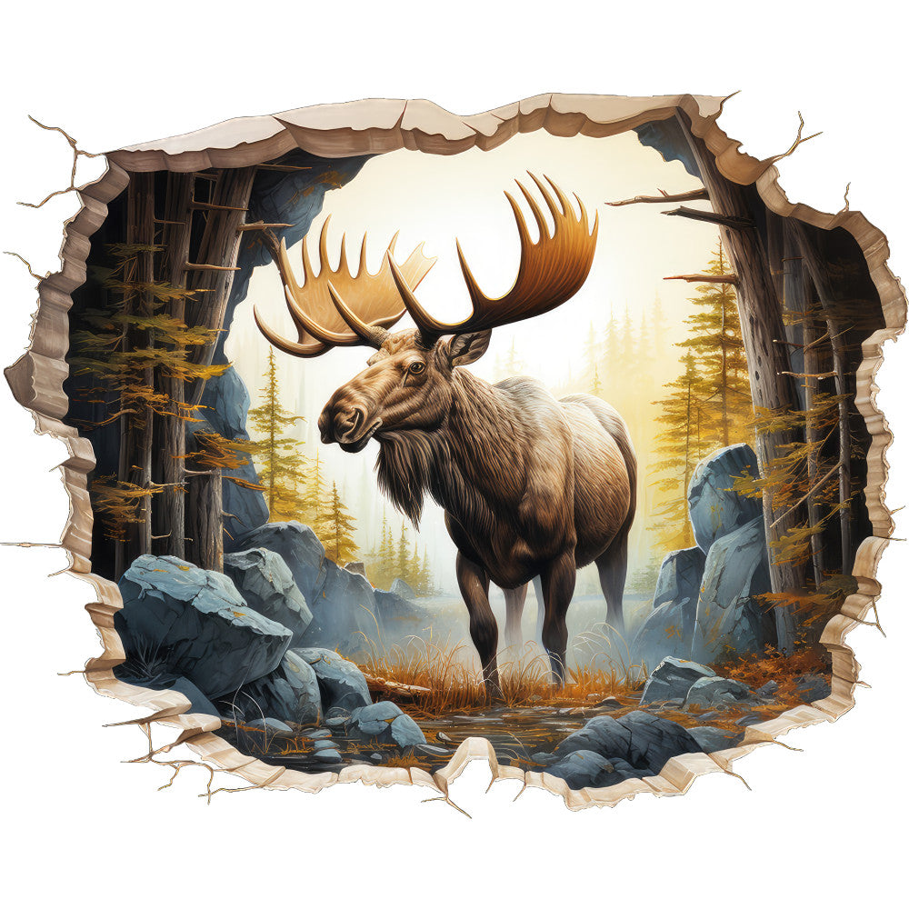 moose, wildlife, forest scene, brown tones, earth tones, golden yellows, rocky terrain, evergreen trees, antlers, fabric panel, nature themed, woodland animals, realistic art style, outdoor wilderness, pine trees, stone textures, warm lighting, animal portrait, quilting cotton, rustic aesthetic