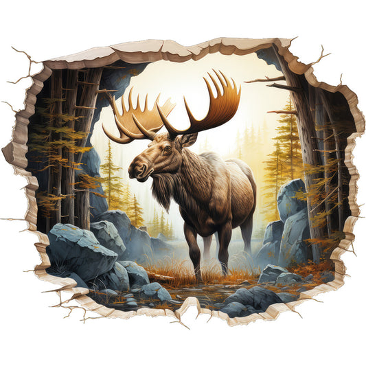moose, wildlife, forest scene, brown tones, earth tones, golden yellows, rocky terrain, evergreen trees, antlers, fabric panel, nature themed, woodland animals, realistic art style, outdoor wilderness, pine trees, stone textures, warm lighting, animal portrait, quilting cotton, rustic aesthetic