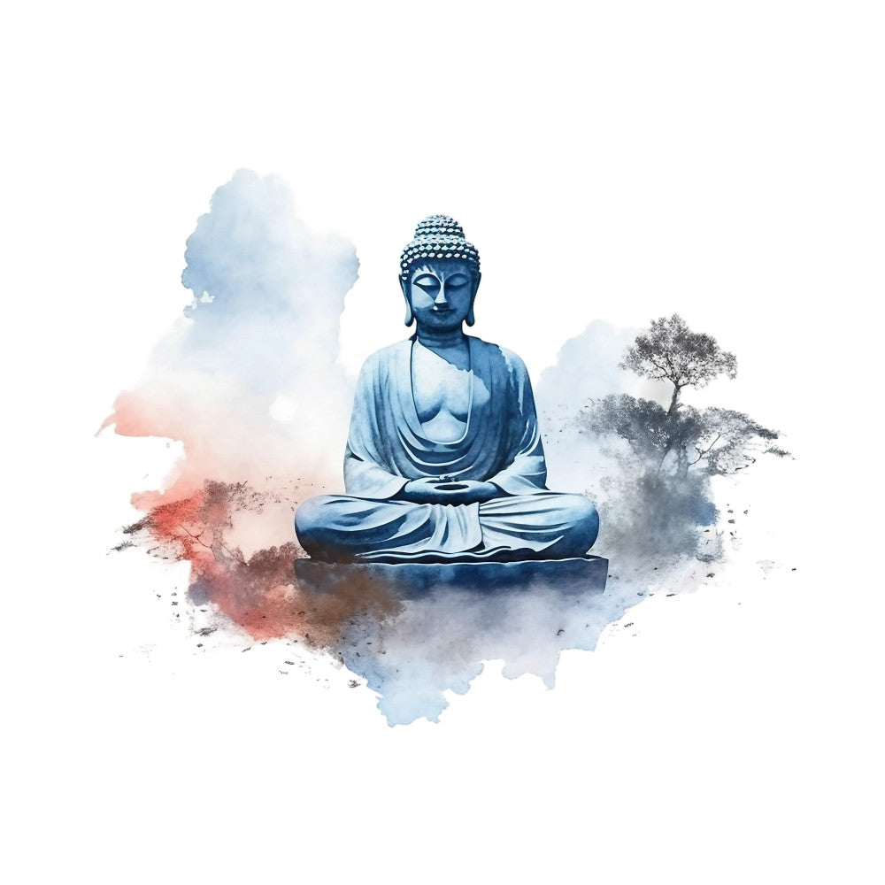 watercolor, buddha statue, meditation pose, lotus position, blue tones, coral pink, gray washes, peaceful scene, zen artwork, spiritual imagery, fabric panel, quilting cotton, asian inspired, tranquil mood, watercolor splashes, bonsai trees, serene figure, mindfulness theme, soft brushstrokes, contemplative design