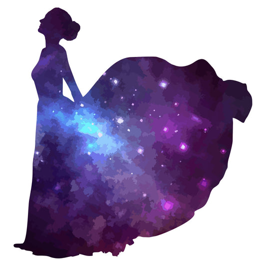 purple, deep purple, dark purple, magenta, violet, indigo, blue, cyan, bright blue, digital, pixelated, abstract, glowing, geometric, sparkle, shimmer, luminous, modern, contemporary, elegant, celestial, cosmic, galaxy, starry, ethereal, fashion, gown, silhouette, dress panel, couture