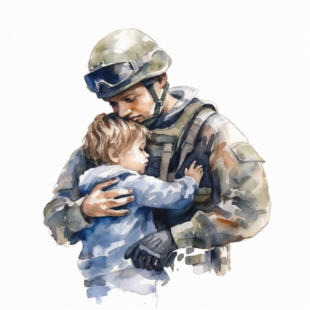 soldier, military, camouflage, child, baby, protection, patriotic, humanitarian, touching, emotional, watercolor, blue, tan, beige, khaki, grey, gray, army, hero, courage, strength, gentle, compassionate, figurative, realistic, portrait, service, peace, hope, baby quilt