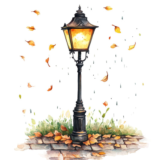 autumn, fall, lantern, street lamp, leaves, falling leaves, golden yellow, warm orange, rust, olive green, cream, watercolor, nature, vintage, nostalgic, rainy day, raindrops, romantic, whimsical, garden, botanical, cozy, twilight, evening, peaceful, landscape, cottage core, traditional, wall hanging, home decor