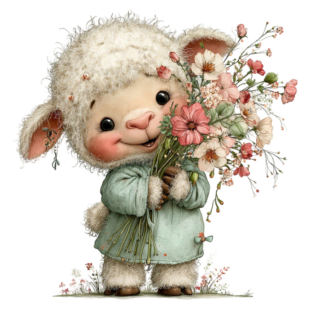 cute lamb, fluffy sheep, pastel green, dusty rose, coral pink, cream white, soft colors, whimsical, spring flowers, floral bouquet, daisy, baby animals, nursery, children's, sweet, adorable, gentle, vintage style, farmhouse, nature themed, flower arrangement, woodland creatures, tender, soft aesthetic, baby quilt, wall hanging, Easter, springtime, cottage core