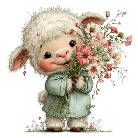 cute lamb, fluffy sheep, pastel green, dusty rose, coral pink, cream white, soft colors, whimsical, spring flowers, floral bouquet, daisy, baby animals, nursery, children's, sweet, adorable, gentle, vintage style, farmhouse, nature themed, flower arrangement, woodland creatures, tender, soft aesthetic, baby quilt, wall hanging, Easter, springtime, cottage core