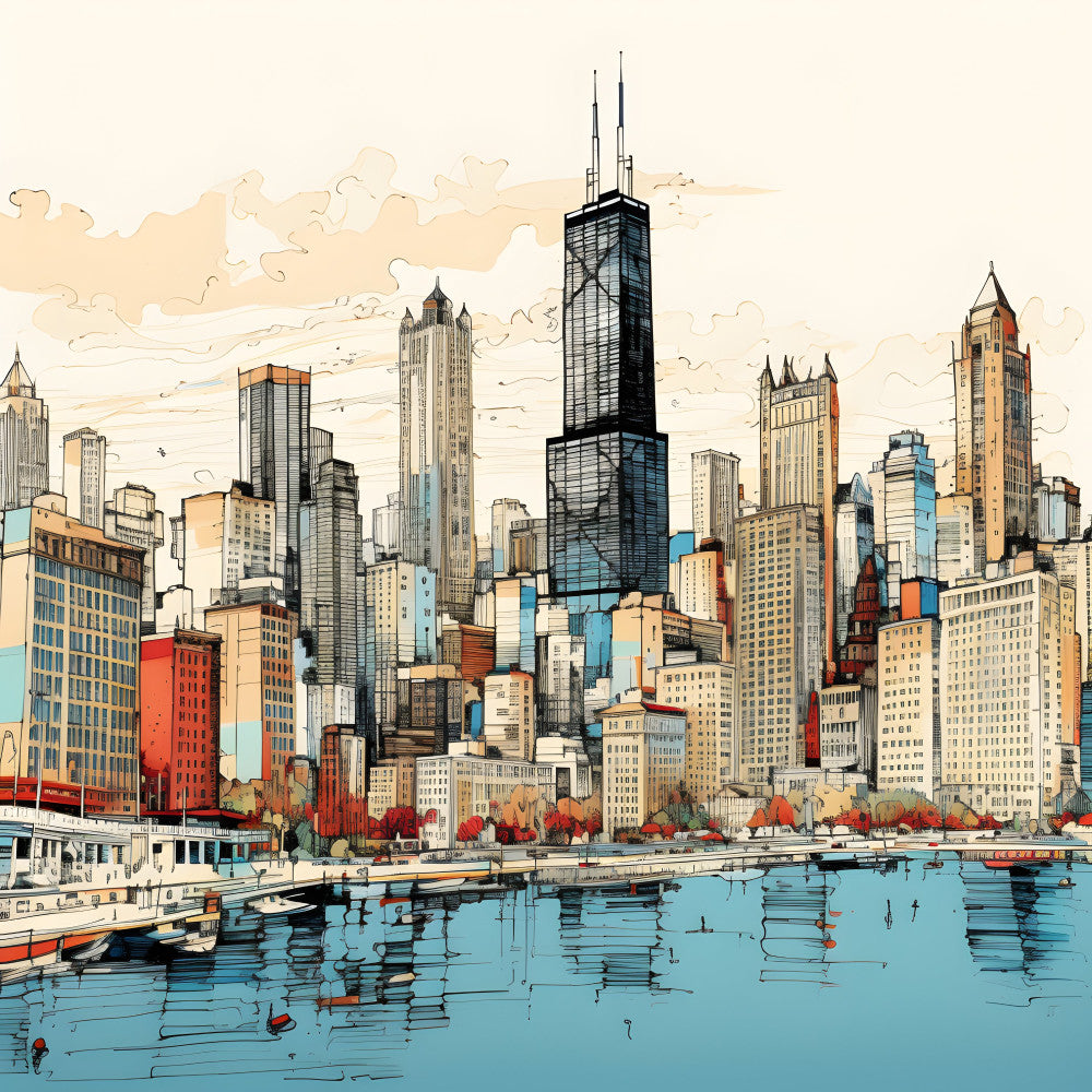 chicago skyline, cityscape, urban architecture, skyline view, waterfront scene, lake michigan, illustration style, modern city, architectural buildings, skyscraper, tall buildings, navy blue, sky blue, turquoise, cream, beige, tan, coral red, burnt orange, golden yellow, autumn trees, watercolor style, line art, sketch style, geometric buildings, city panel, home decor, wall art, travel themed, usa landmarks
