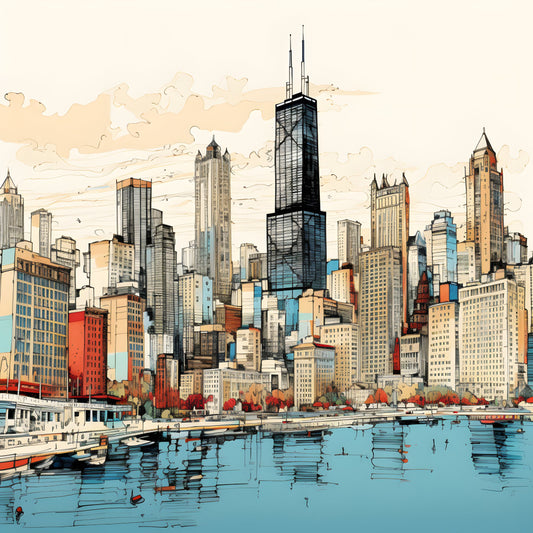 chicago skyline, cityscape, urban architecture, skyline view, waterfront scene, lake michigan, illustration style, modern city, architectural buildings, skyscraper, tall buildings, navy blue, sky blue, turquoise, cream, beige, tan, coral red, burnt orange, golden yellow, autumn trees, watercolor style, line art, sketch style, geometric buildings, city panel, home decor, wall art, travel themed, usa landmarks