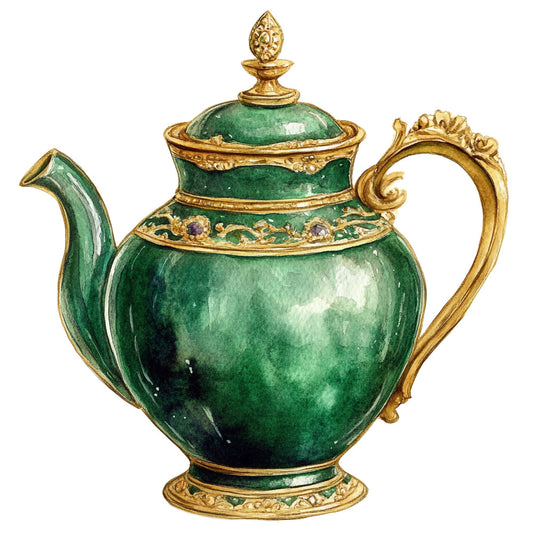emerald green, gold, jewel tone, vintage, elegant, ornate, teapot, baroque, decorative arts, luxury, formal, traditional, botanical, gemstone, purple accents, antique, chinoiserie, sophistication, home decor, steampunk, victorian, tea time, kitchen, tableware, collectible, museum quality, rich colors, detailed metalwork, classic design