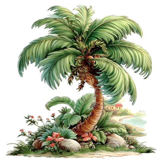 palm tree, tropical, botanical, nature, landscape, coastal, beach scene, cottage, vintage, whimsical, illustration, detailed, sage green, forest green, cream, coral pink, terracotta, brown, multi-color, floral, flowers, plants, foliage, exotic, garden, seaside, traditional, romantic, scenic, summer