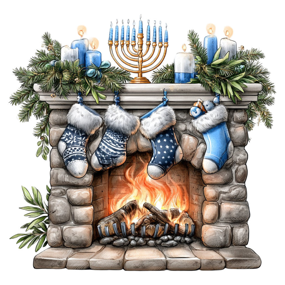 fireplace, stockings, menorah, hanukkah, christmas, holiday, winter, evergreen, pine branches, garland, cozy, warm, festive, blue and white, cream, gold accents, traditional, whimsical, rustic, stone, crackling fire, celestial stars, snowflake patterns, fur trim, decorative, home decor, seasonal, hearth, chimney, ivory