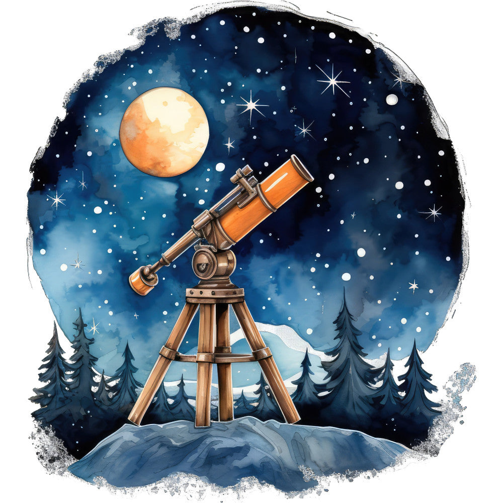 navy blue, orange moon, starry night, telescope, winter landscape, snow-covered trees, celestial, astronomy, night sky, stars, twinkling, vintage brass, tripod, wooden, rustic, winter, night time, scenic, landscape, whimsical, educational, observatory, moonlight, snowy, forest, evergreen trees, adventure, exploration, magical, enchanted night