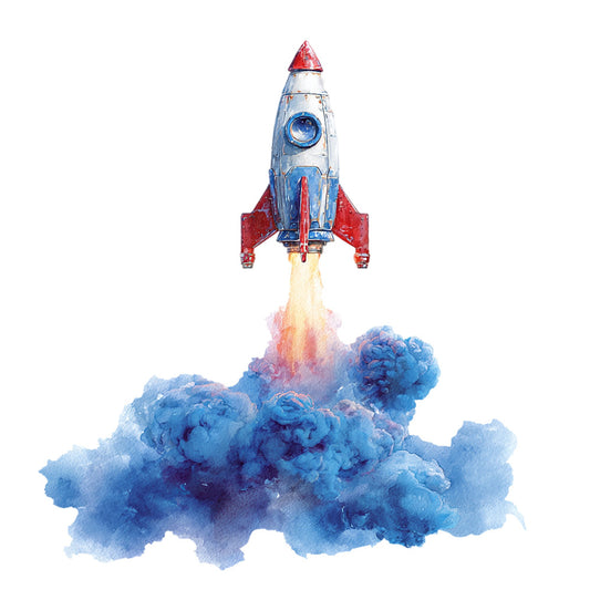 rocket, space, celestial, launch, red and blue, sky blue, navy blue, white, flame, smoke, clouds, whimsical, vintage, retro, mid-century modern, children's, boys, adventure, exploration, transportation, nursery, kid's quilt, wall art, panel print, dreamlike, watercolor effect, illustrated, storybook, flight, achievement