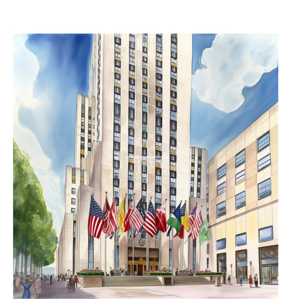 architectural, cityscape, skyscraper, urban, flags, patriotic, american flag, international flags, building, downtown, art deco, vintage cityscape, sky blue, cream, beige, tan, red, gold, green, illustration, detailed print, landmark, iconic building, travel theme, city scene, elegant, sophisticated, nostalgic, retro modern, tourism